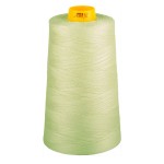 Spool of green thread with a yellow bobbin on a white background