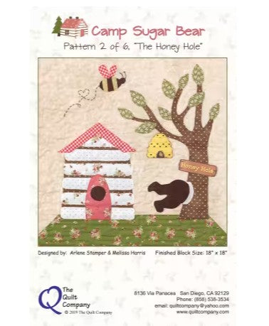 Quilt pattern cover for 'Camp Sugar Bear' featuring a beehive and bear design.