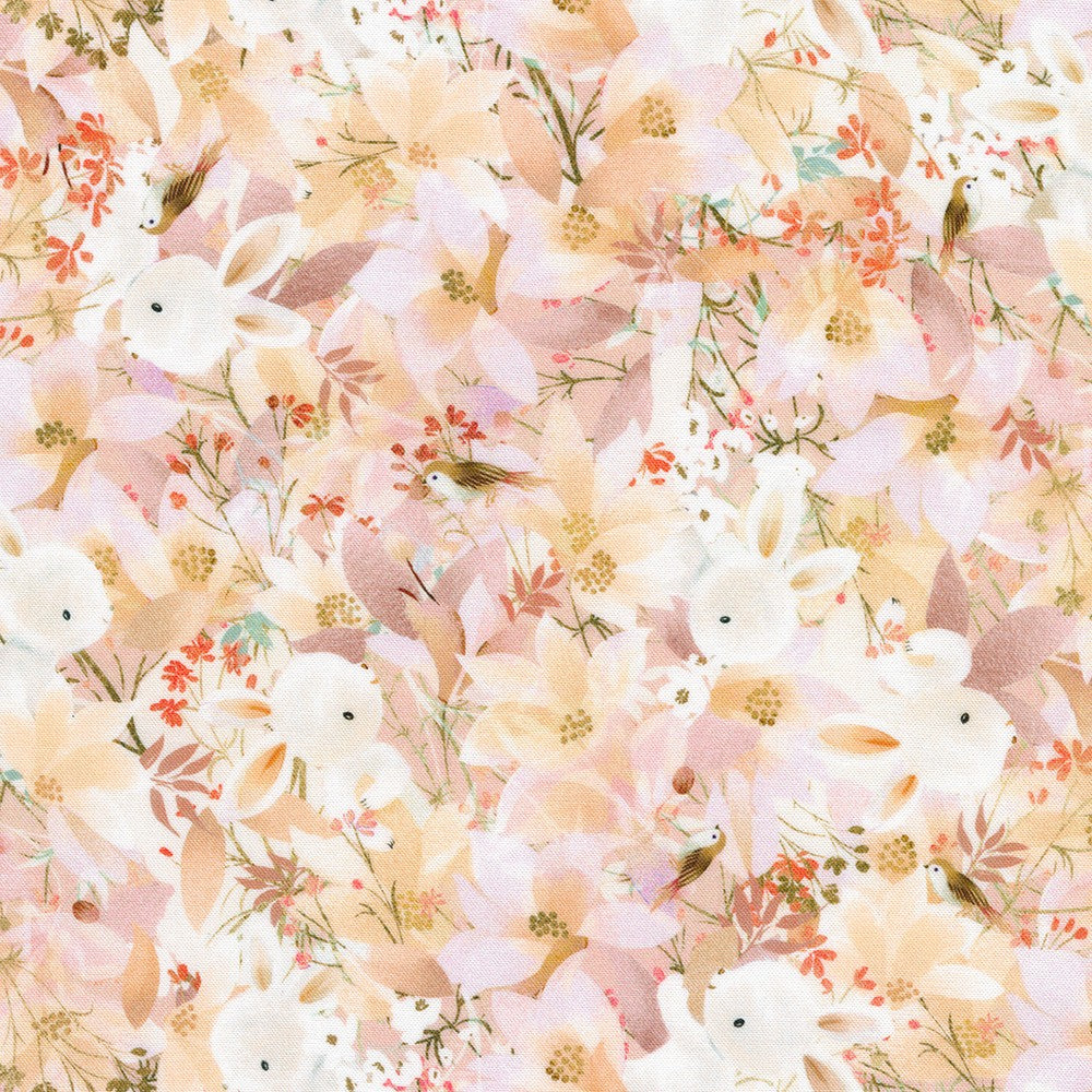 Floral pattern with white flowers and green leaves on a light pink background
