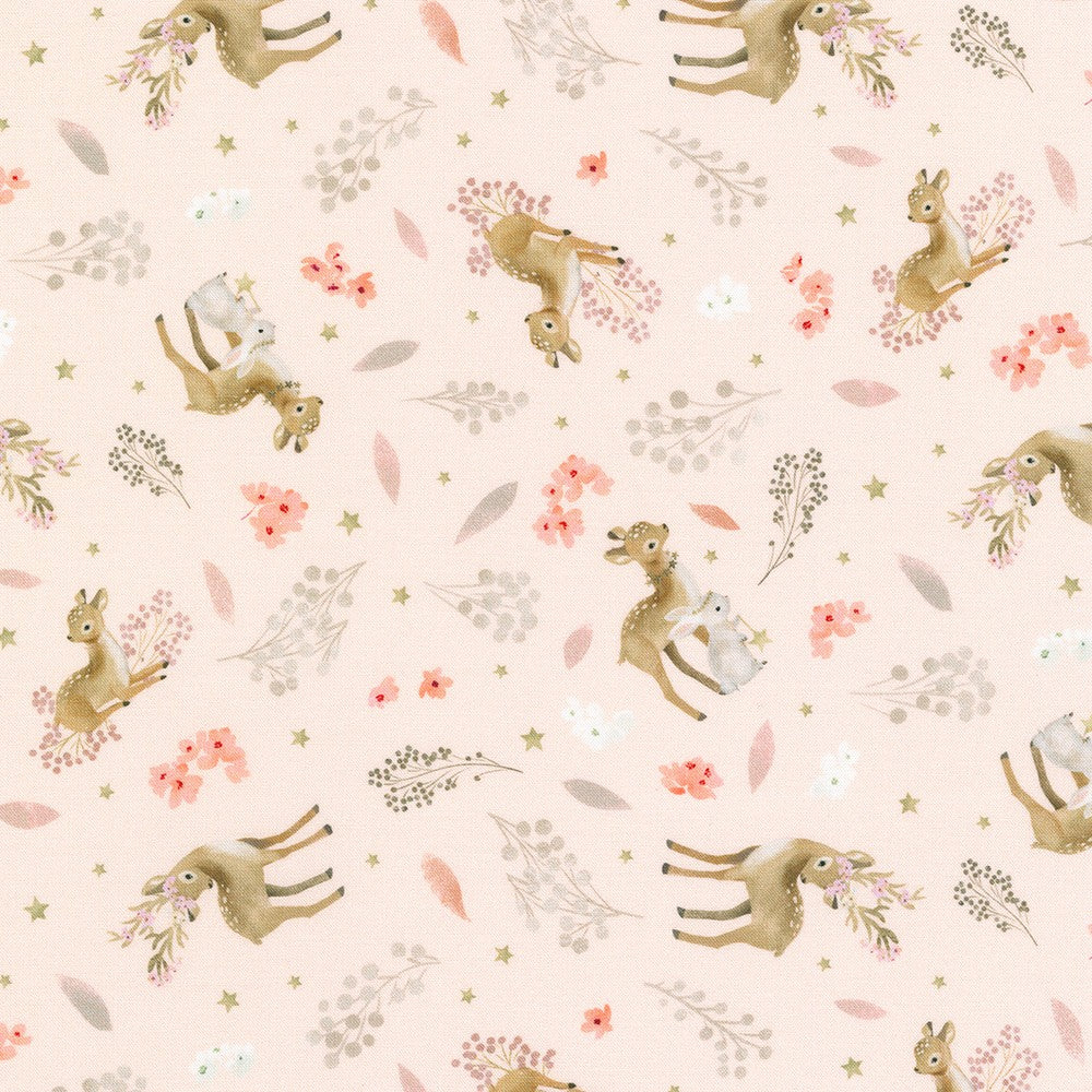 Pattern of deer and flowers on a light pink background