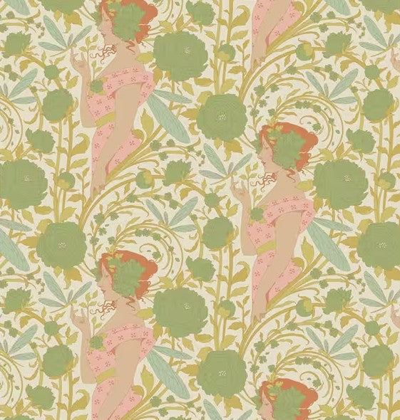 Vintage-style wallpaper with floral patterns and female figures in a decorative style.