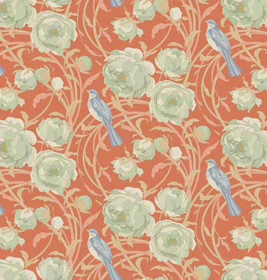 Patterned fabric with light green flowers and blue birds on a red background