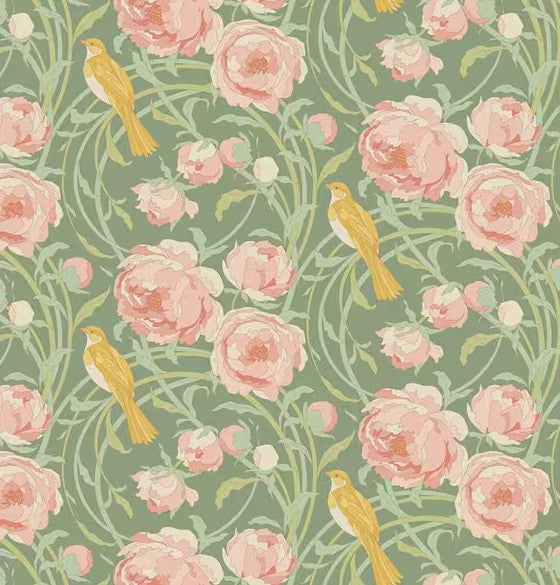 Pattern of pink flowers and yellow birds on a green background