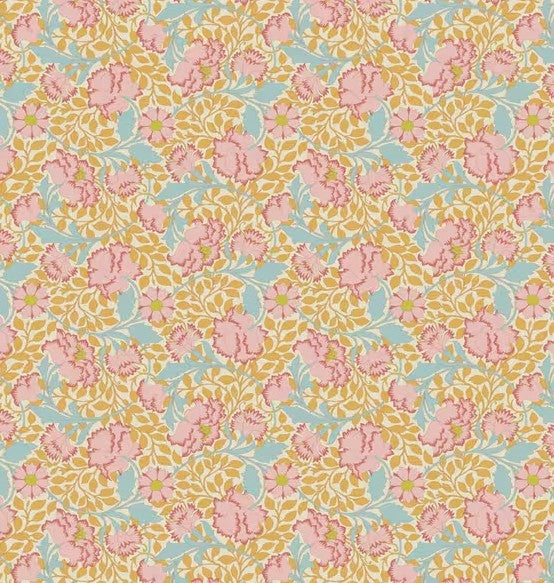 Floral pattern with pink flowers on a blue and green background