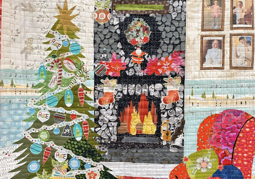 A Merry Little Christmas fabric collage quilt created by instructor Donna Galvan, featuring festive holiday fabrics and Laura Heine-style collage techniques.