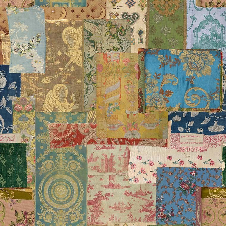Patchwork of various vintage-style fabric patterns in multicolors