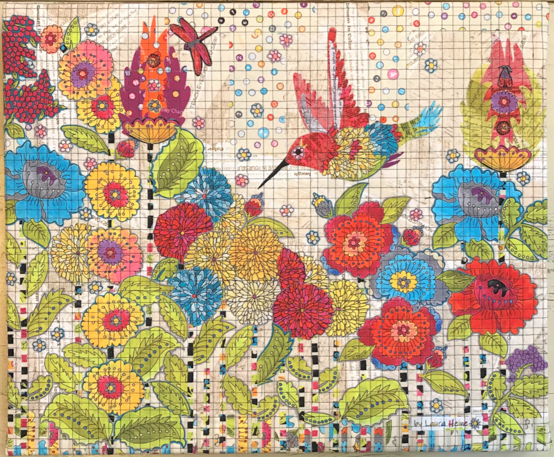 Colorful cross-stitch pattern with flowers and hummingbirds on a grid background