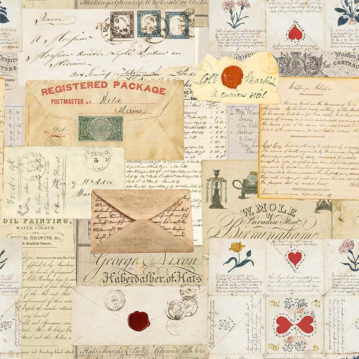 Collage of vintage letters, envelopes, and stamps with a focus on historical correspondence.