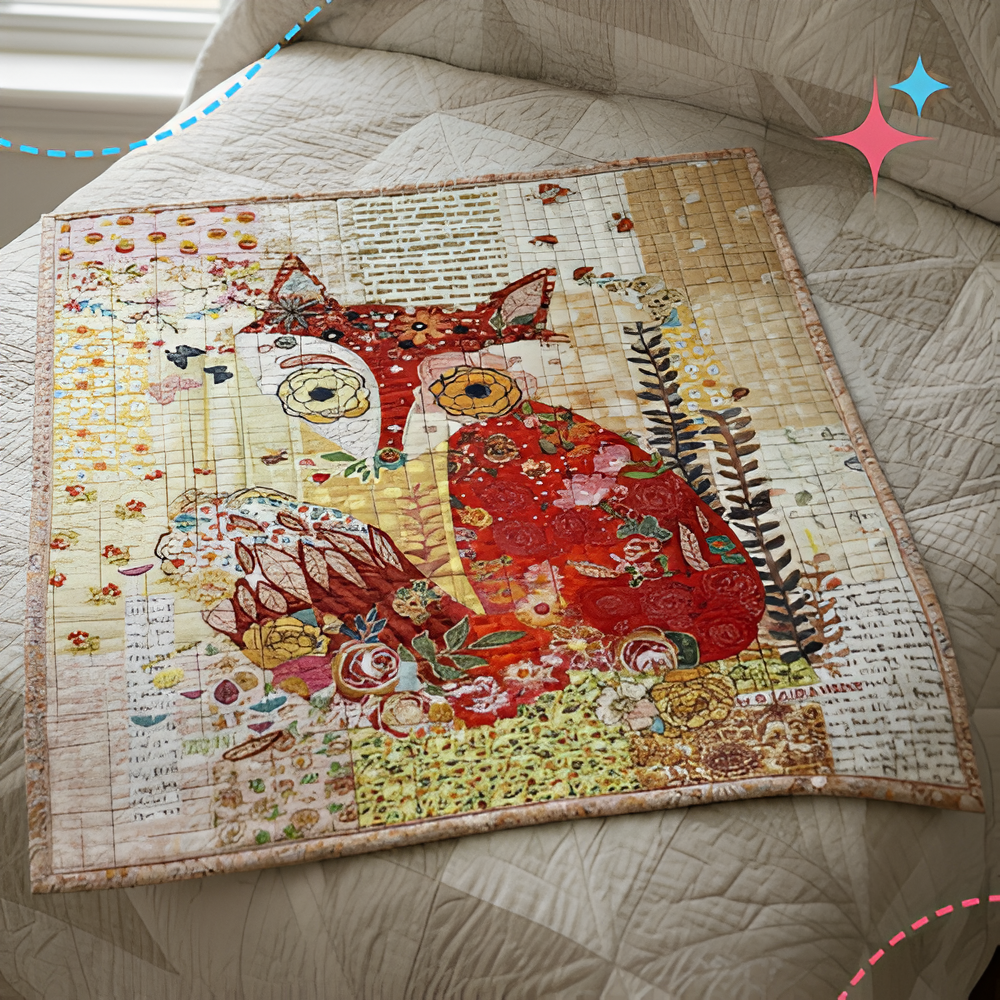 Quilt with a fox design on a beige quilted surface