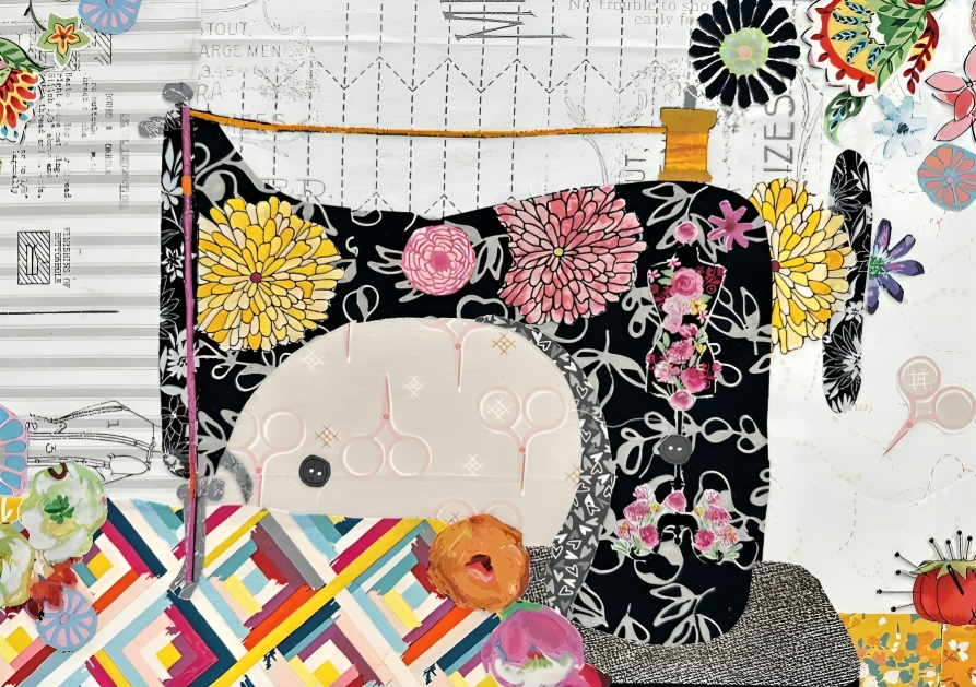 Laura Heine Teeny Tiny Sewing Machine fabric collage created by instructor Donna Galvan, featuring colorful fabric layering and detailed textile art.