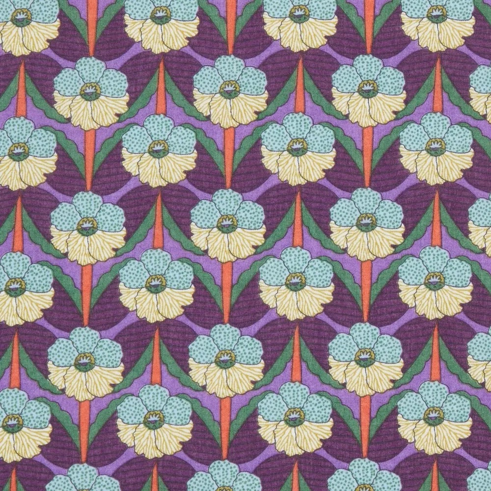 Patterned fabric with blue and yellow flowers on a purple background