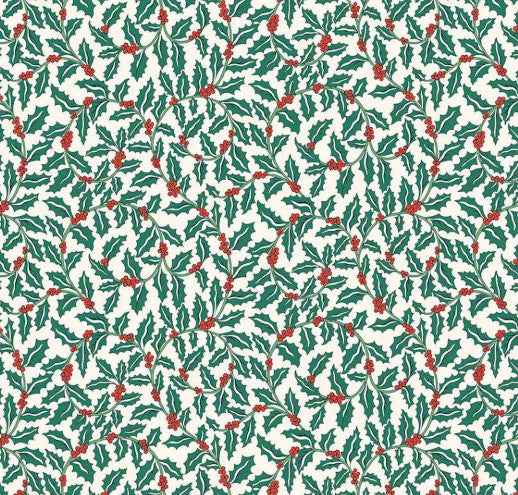 Vintage-style Christmas fabric with swirling holly leaves and red berries by Liberty Fabrics
