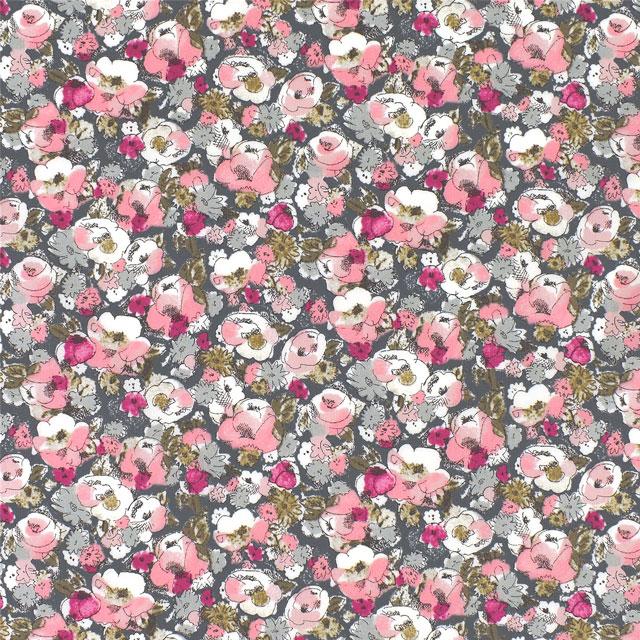 Floral pattern with pink, white, and gray flowers on a dark background