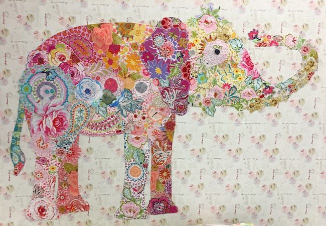 Lulu the Elephant collage quilt pattern by Laura Heine featuring a whimsical elephant design with scalloped edge