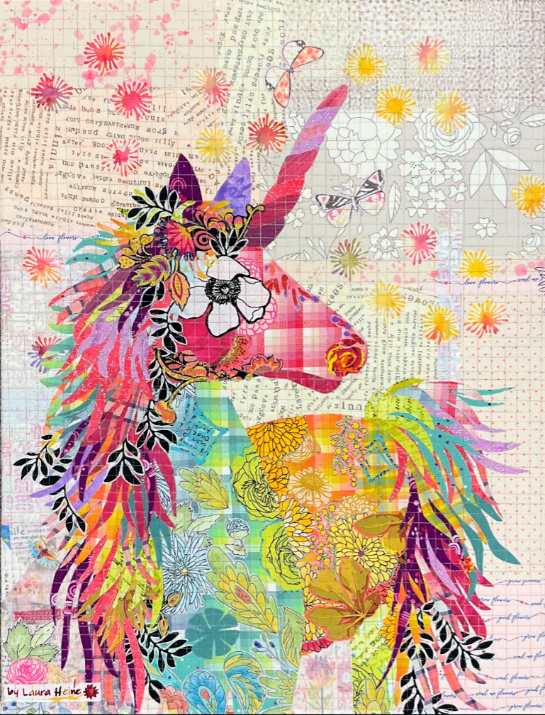 Mini Unicorn collage quilt kit by Laura Heine using fused fabric collage technique