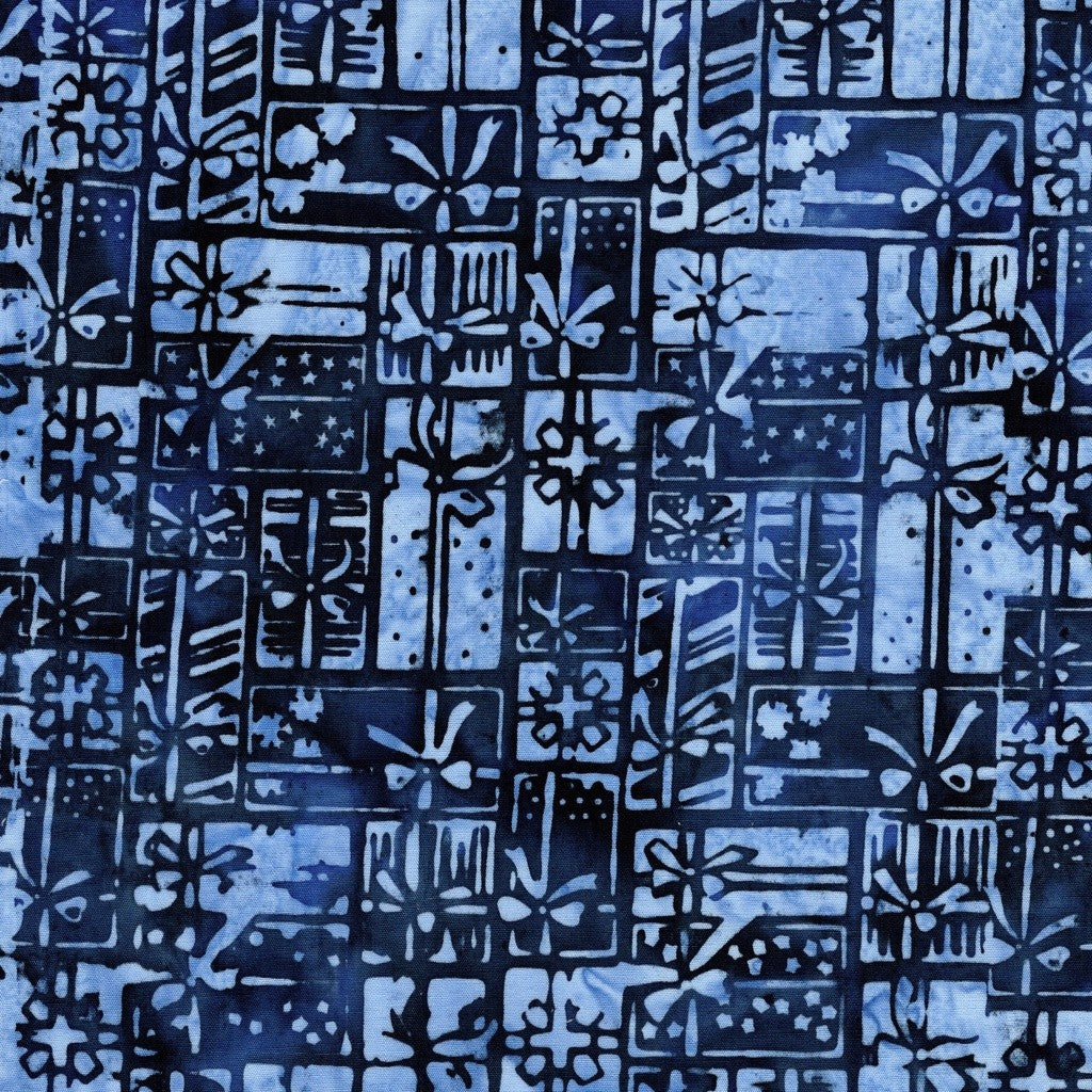 Island Batik Frosted Wishes Wrapped Presents Blue Cornflower cotton batik quilting fabric