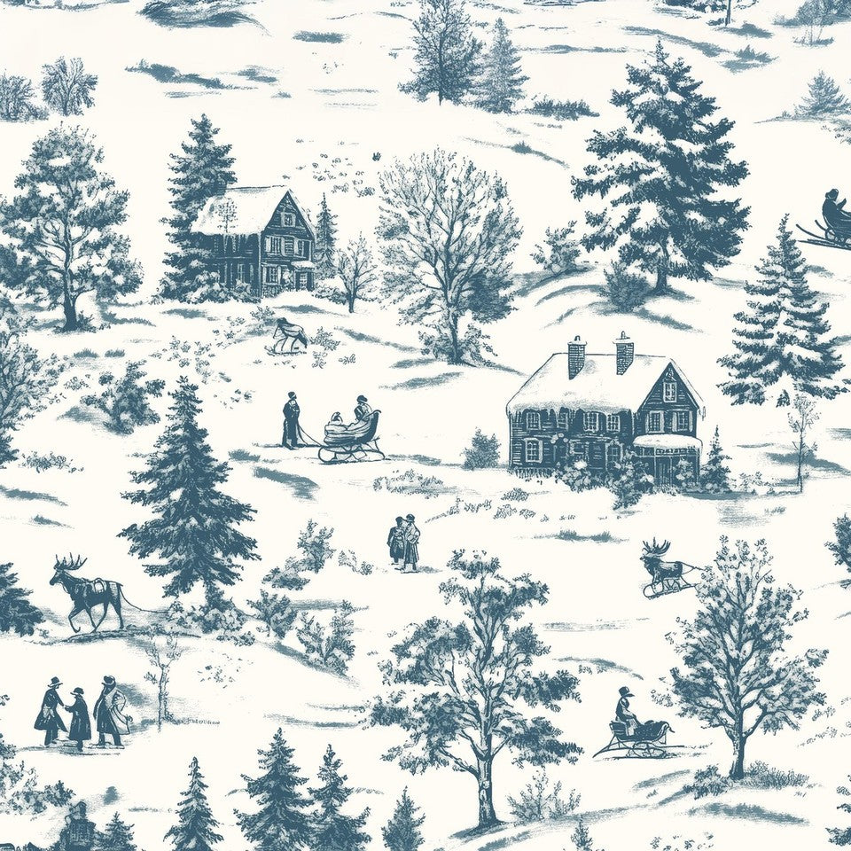 Blank - Holly Jolly Calico - Amelia Designs - Winter Scene - 4678-17 Ecru/Navy
