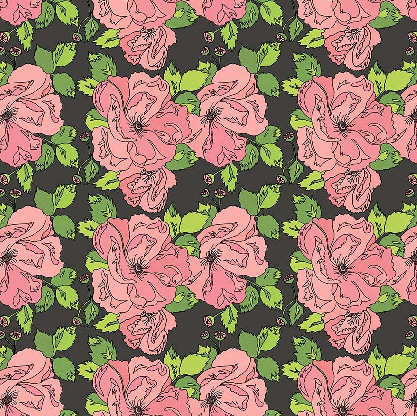 Windham x Laura Heine - Flowers on Main - Petal and Pollen - Charcoal 54892-3