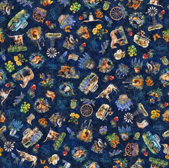 All Texas Shop Hop 2026 Texas Vignette Toss Navy 31792 N quilting cotton