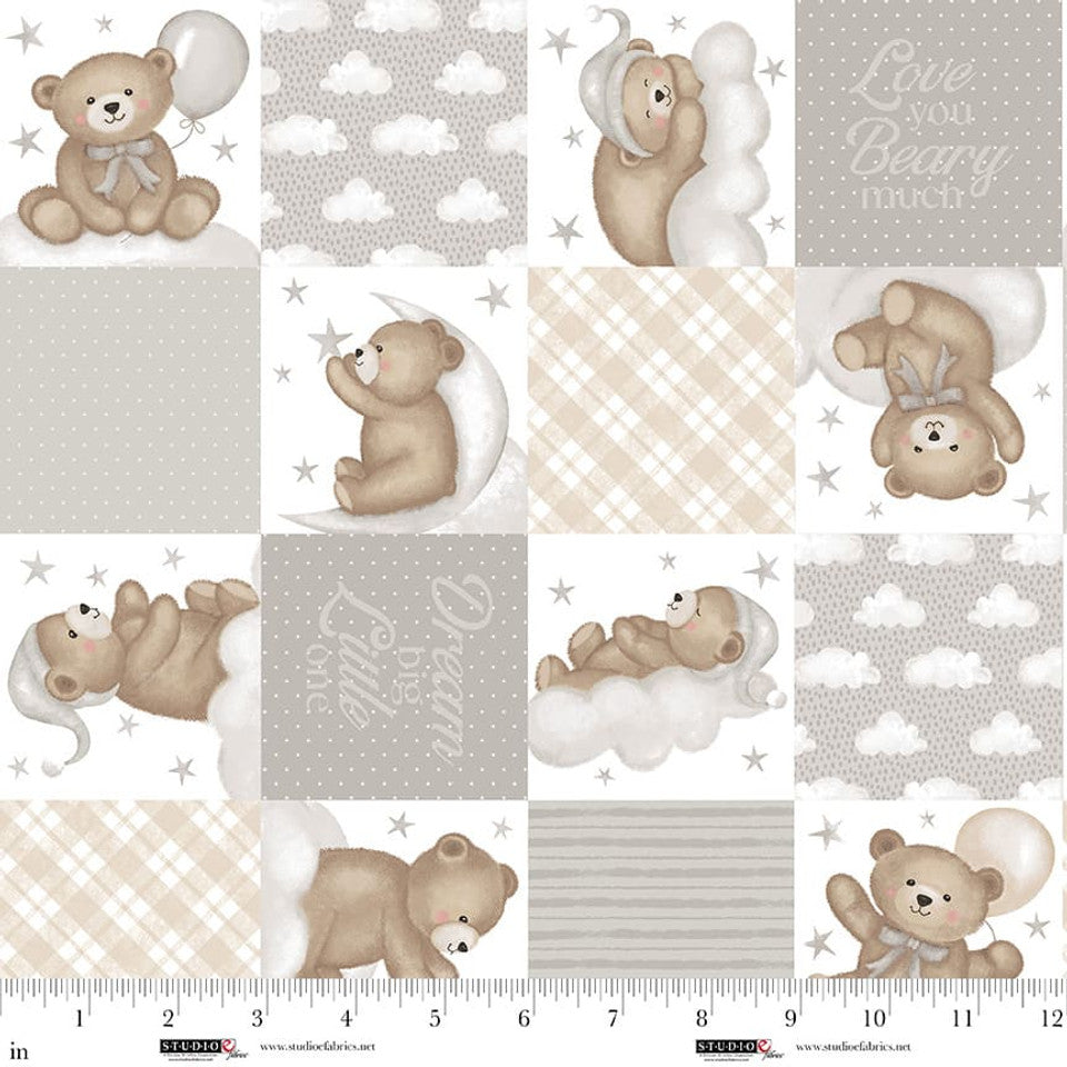Sleepy Teddy Gray Multi novelty cotton quilting fabric