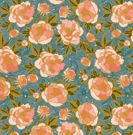 Windham Lush Life Wild Peonies Teal 54713-5 quilting cotton
