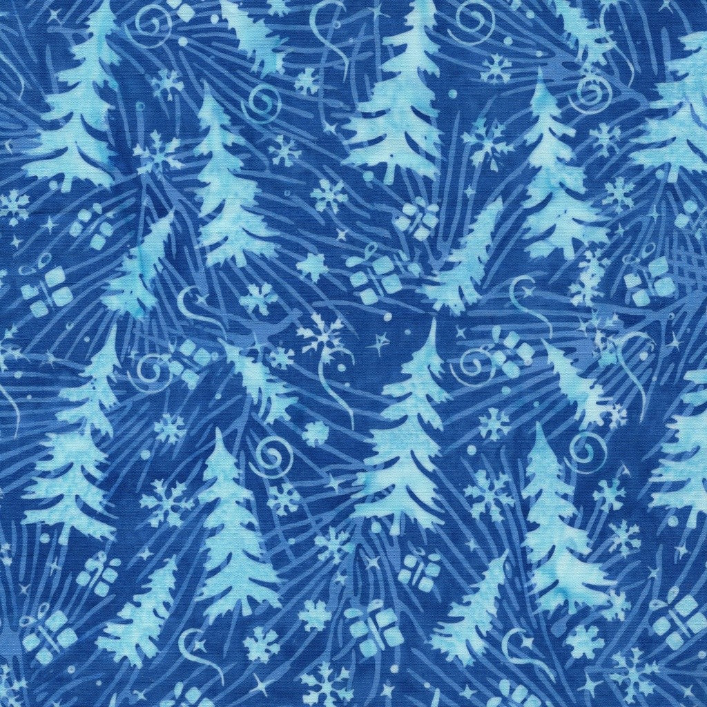 Island Batik Frosted Wishes Trees and Presents Blue Bluebird cotton batik quilting fabric