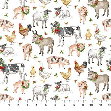 Northcott Barnyard Christmas 28802-10 white multi holiday novelty cotton