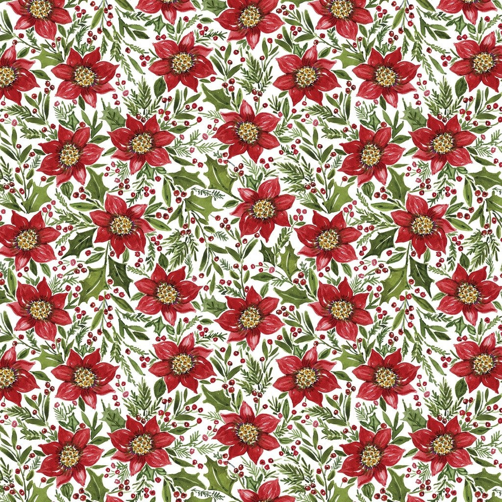 White Owl Textiles - Snowy Greetings - Susan Winget - W105-034-036 / Poinsettia and Holly-White