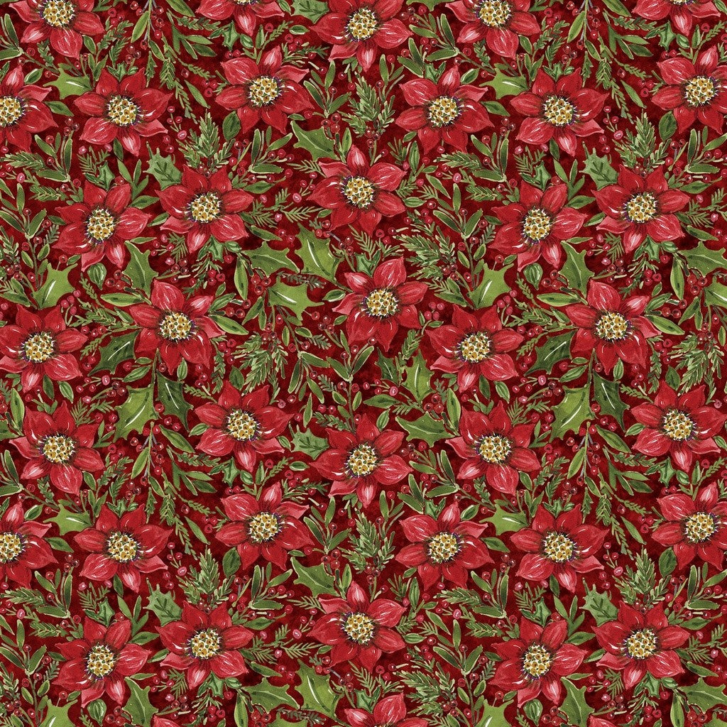 White Owl Textiles - Snowy Greetings - Susan Winget - W105-034-336 / Poinsettia and Holly-Red