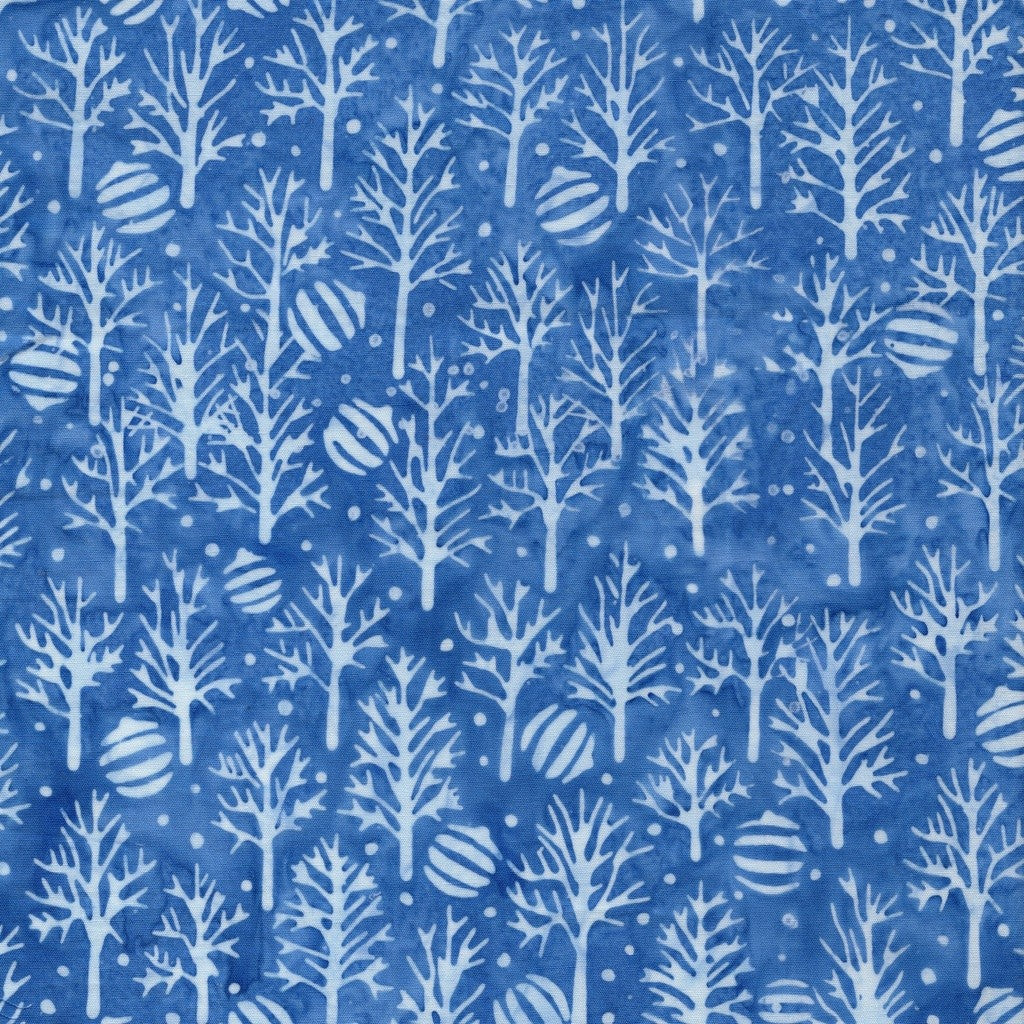 Island Batik Frosted Wishes Trees and Ornaments Blue Azure cotton batik quilting fabric