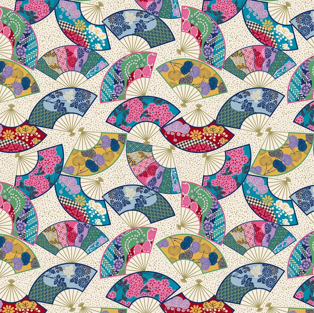 Michael Miller Kamakura Sisters Cream Whispering Fans metallic fabric
