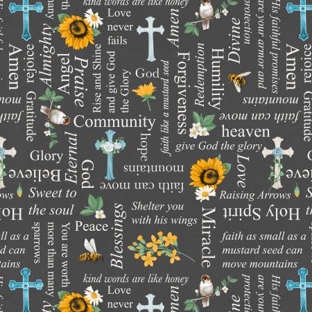 Charcoal Words Flowers and Crosses print quilting fabric
