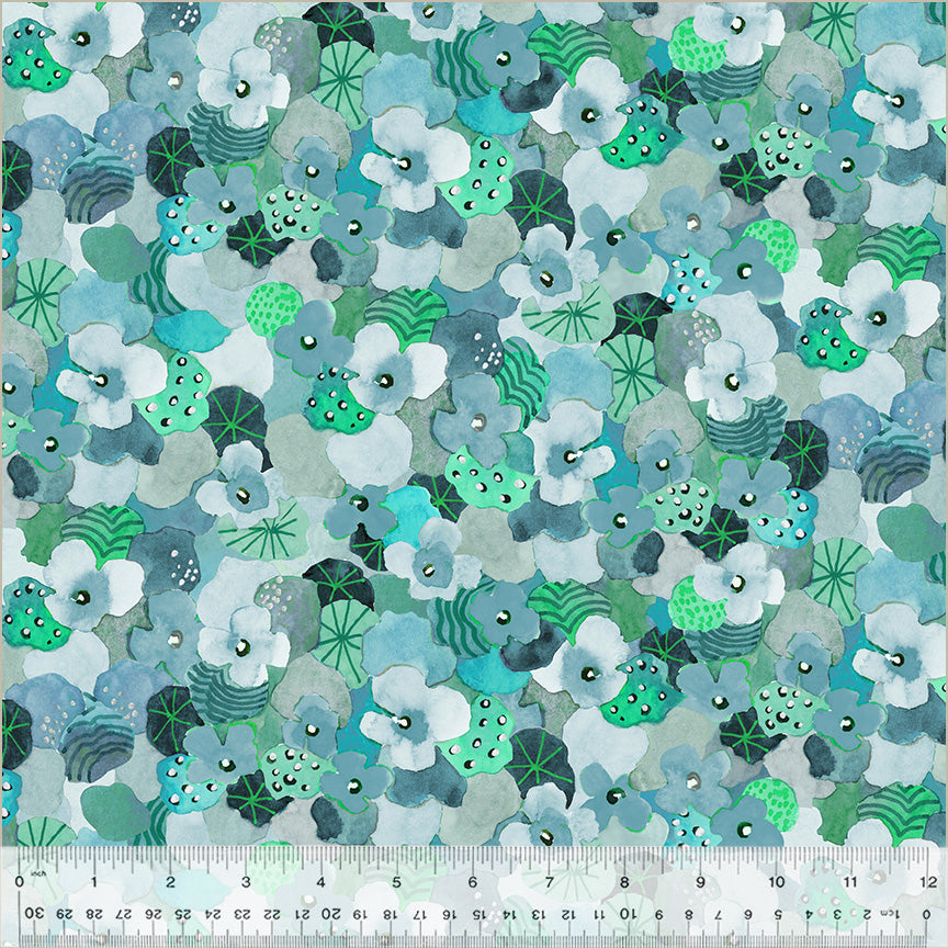 Wild Meadow. Flowering Hedge, Teal, Cotton