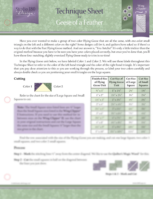 Studio 180 Design Geese of a Feather technique sheet quilting pattern