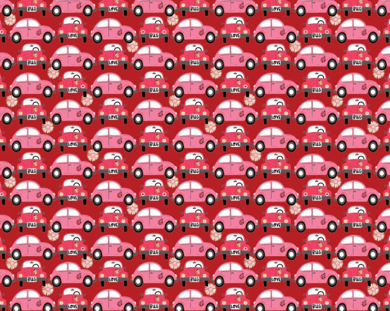 Poppie Cotton Hey Love Bug Beep Beep Red quilting cotton novelty fabric