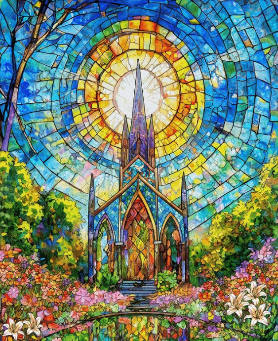 Henry Glass - 2188P-74* Turquoise/Multi || Faith in Full Color - Stained Glass Church Panel 36"