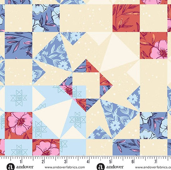 andover-Denim Garden Blocks 1573B Petals and Stitches by Stephanie Organes