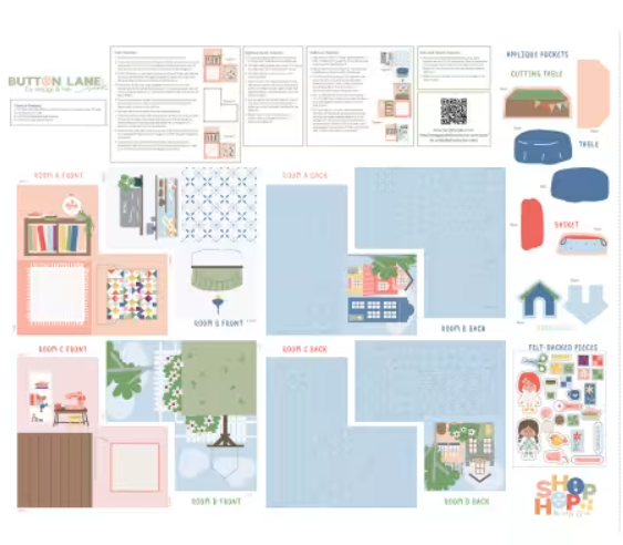 Clothworks - Shop Hop - Meags & Me - Multi Color Shop Hop Digital 54" Button Lane Cotton Canvas Panel