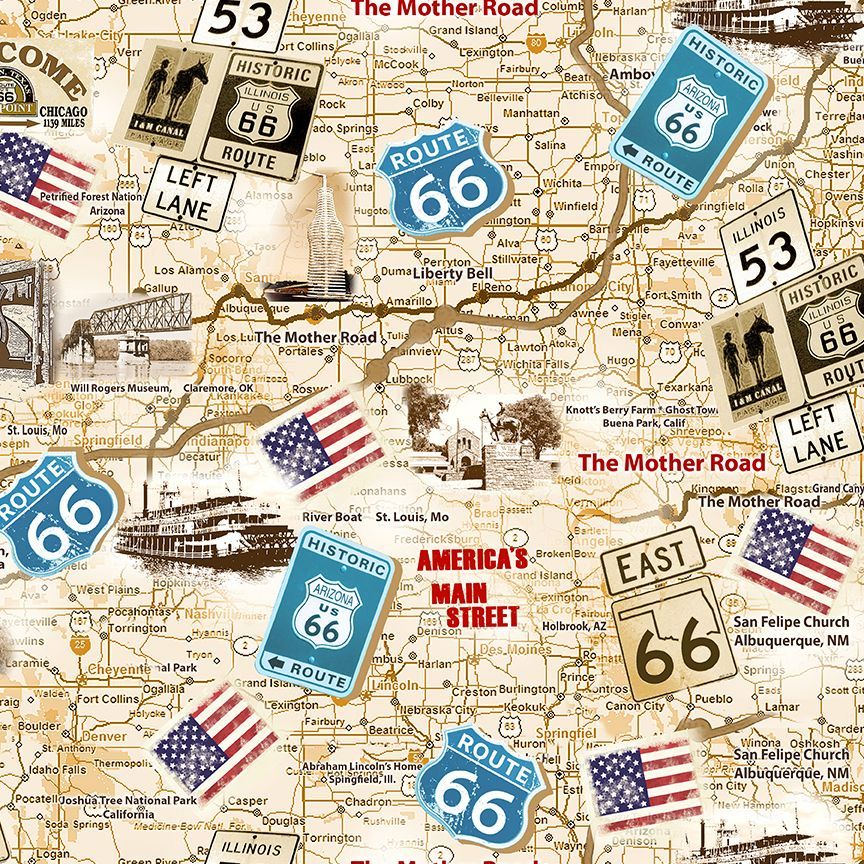 ROUTE 66 ANTIQUE MAP TIMELESS TREASURES FABRIC