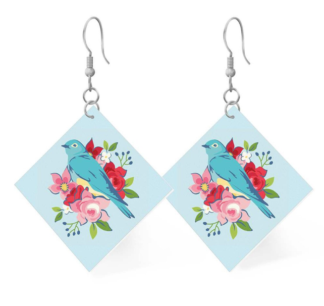 Riley Blake leather square earrings Bluebird design quilting accessory
