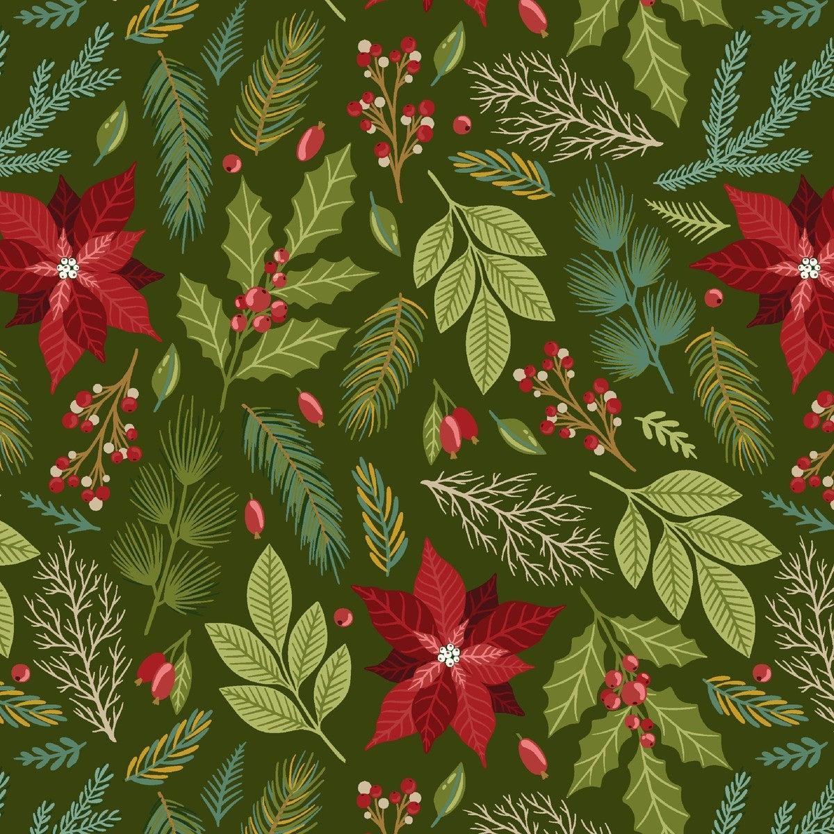 Blank - Holly Jolly Calico - Amelia Designs - Poinsettia Floral - 4680-66 Evergreen