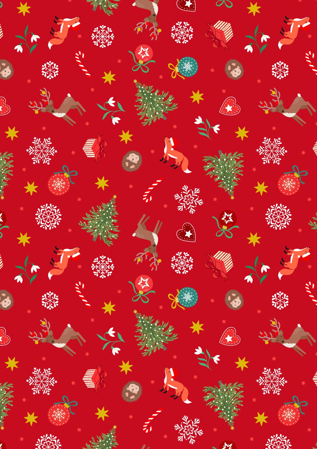 Lewis and Irene - Christmas in Bluebell Wood - Scattered festive on red (with gold metallic) - C141B