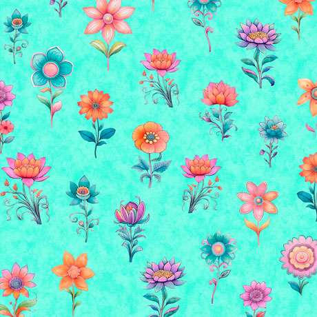 Spring Bling Stemmed Flowers Aqua QT Fabrics