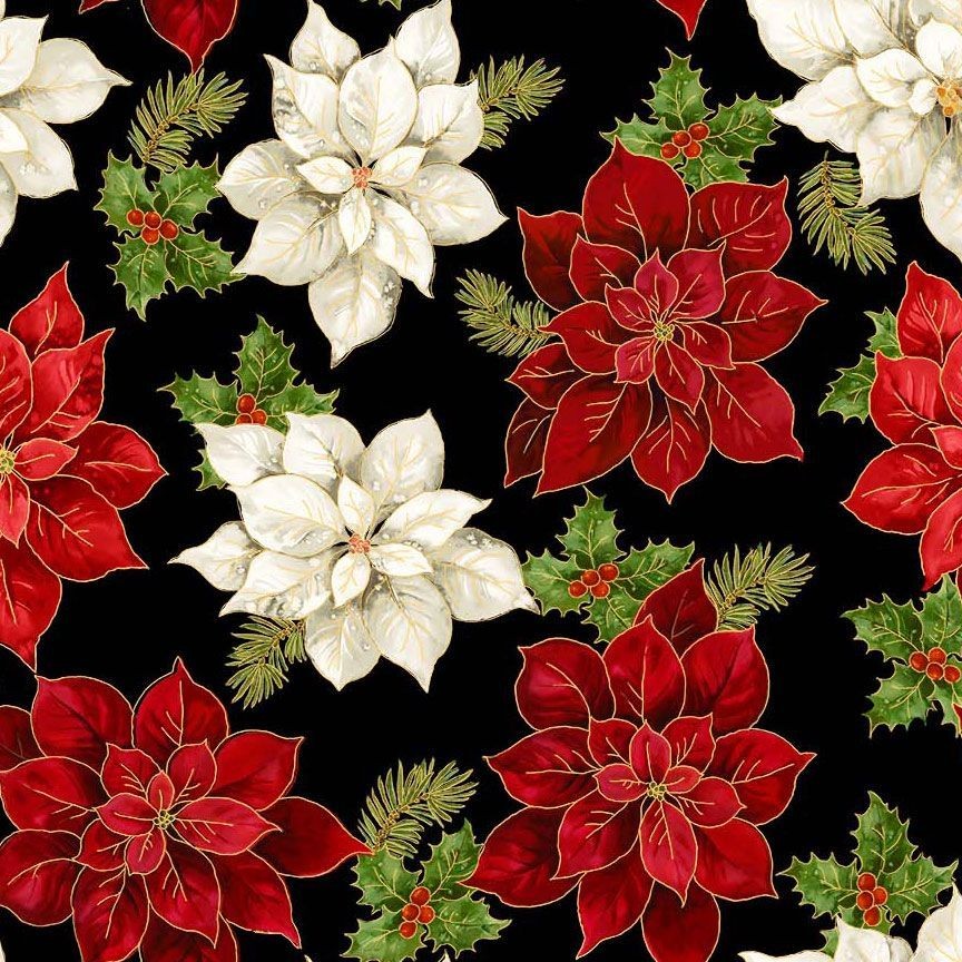 Timeless Treasures - Merry Christmas - Poinsettia Floral Metallic - Black CM4143