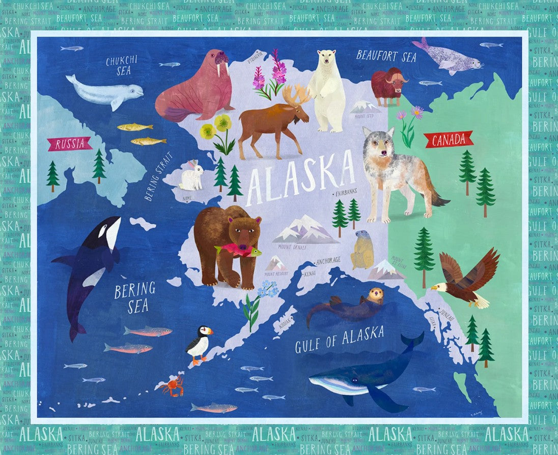 Michael Miller Multi Map of Alaska 36in panel multicolor novelty
