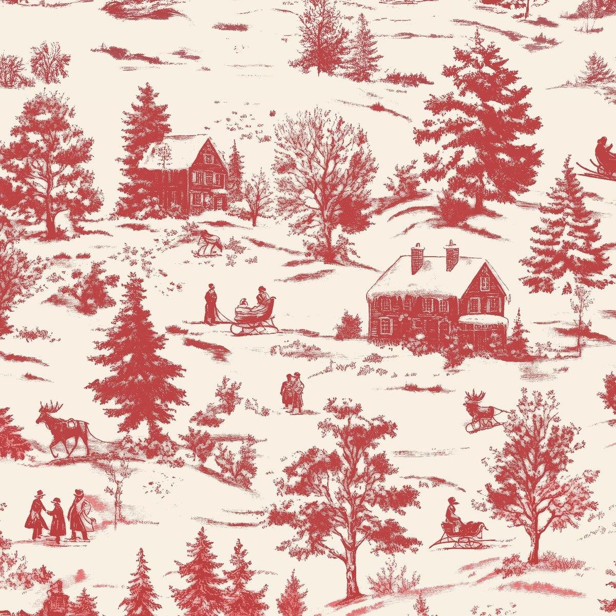 Blank - Holly Jolly Calico - Amelia Designs - Winter Scene - 4678-18 Ecru/Red