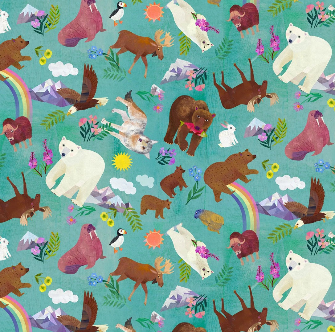 Michael Miller Lilypad Wildlife in Alaska green novelty fabric
