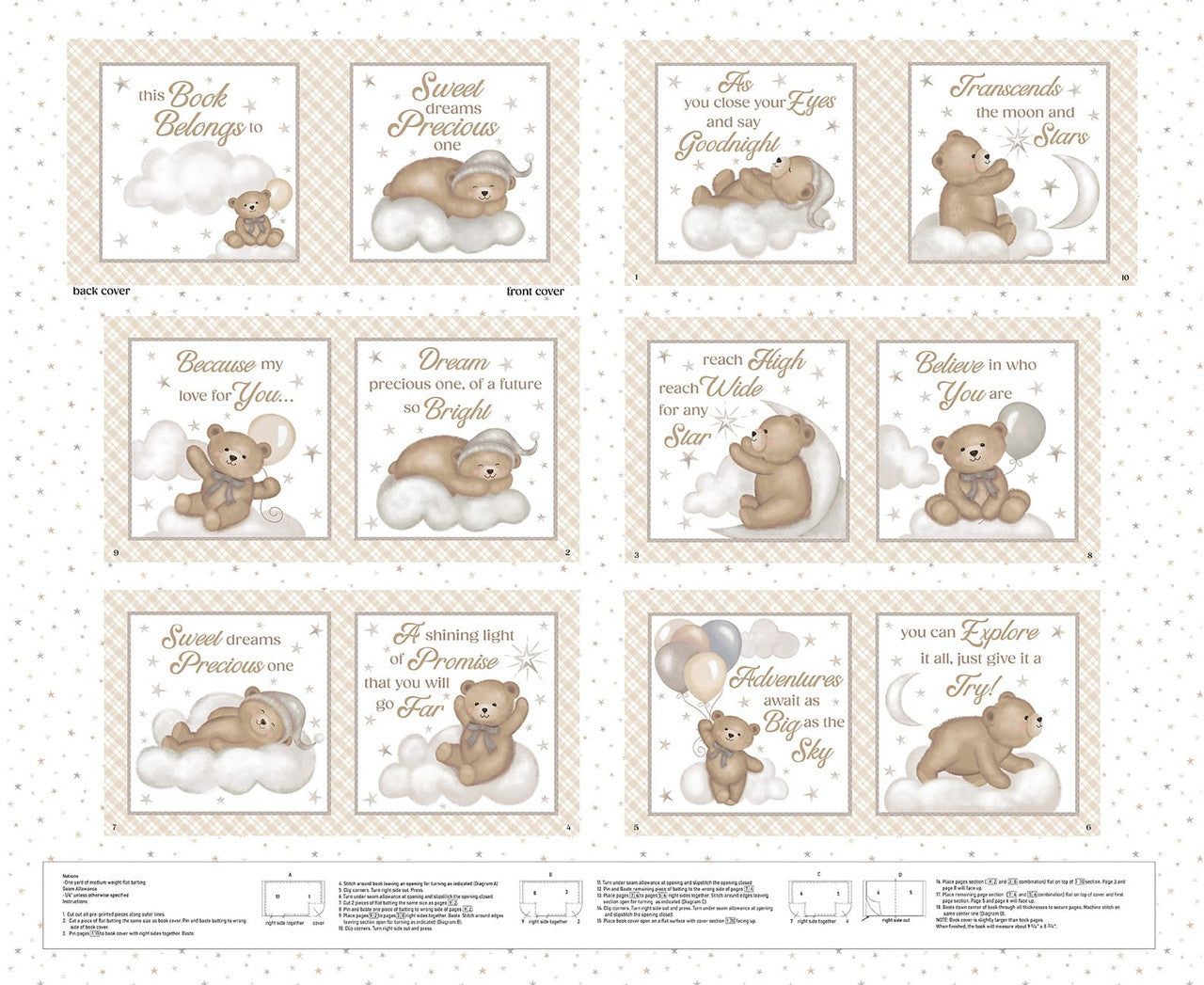 Sleepy Teddy Fabric Book Panels White Multi cotton panel
