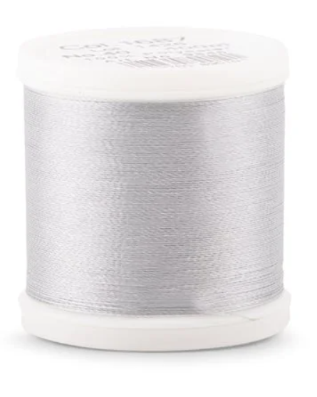 Spool of Madeira Polyneon 40wt machine embroidery thread in Silver, color 1687