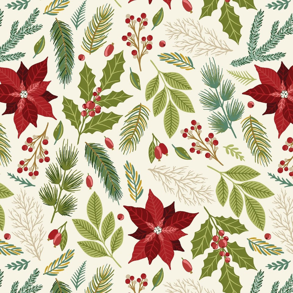 Blank - Holly Jolly Calico - Amelia Designs - Poinsettia Floral - 4680-41 Ecru